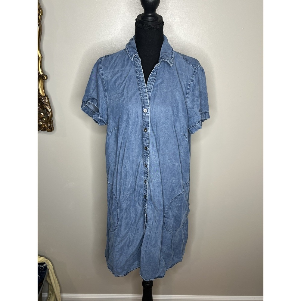 J. Jill Denim Tencel Paisley Button Front Shirt Dress Blue Size Large